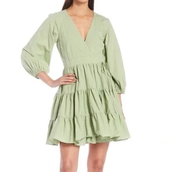 Gianni Bini Spring Sage Green Wrap V Neck Dress Long Sleeve Cotton EUC Large - Picture 5 of 9